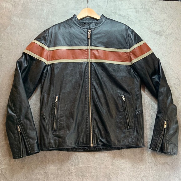 Wilsons Leather Other - Wilsons Leather M Julian Mens Vintage Black Moto Cafe Racer Jacket Striped Med